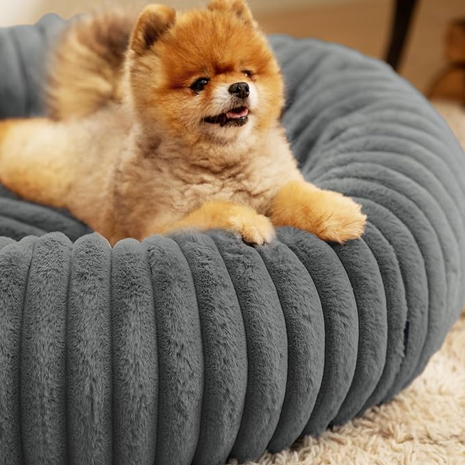 Bedsure ComfyFleece™ Donut Small Dog Bed - Dog Beds for Small Dogs with Corduroy Fleece & Anti Slip Bottom, Round Faux Fur Pet Beds with Washable Removable Cover, Warm Grey, 23x23x7 inches