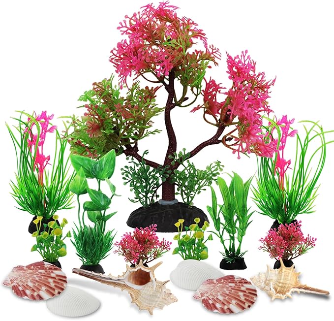 Aquarium Plants with Natural Decorations Shells, 15pcs Fish Tank Decoration Colorful Artificial Fish Tank Decor Plants Aquarium Decorations for Household and Office Aquarium Simulation