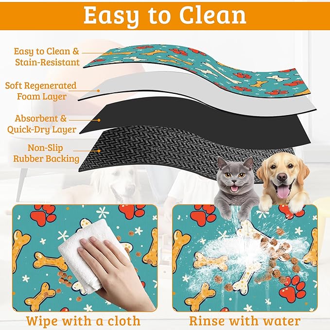 Dog Paws Cat Food Mat,Bones Absorbent Pet Feeding Mat for Food and Water Bowl,Quick Dry Dog Placemat Non Slip Rubber Backing Waterproof Pet Supplies 12" x 20"