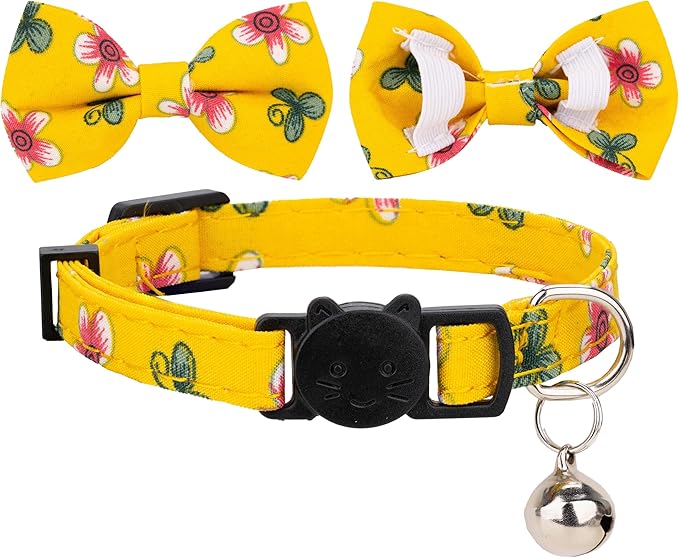 Collar for Cat Pet Breakaway with Bell Bowtie Detachable Bow Adjustable Safety Kitten Puppy Girl Boy 2pcs Flower-Blue & Yellow