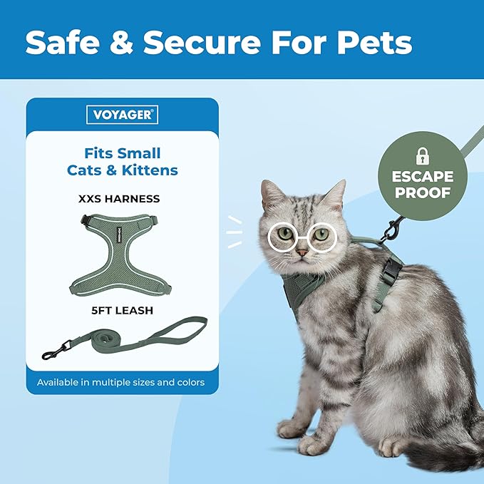 Voyager Escape-Proof Step-in Lock Cat Harness & 5ft Neoprene-Handle Leash Set All-Weather Mesh with Reflective Stitching for Small to Large Cats by Best Pet Supplies, Moss Green (327), XXS