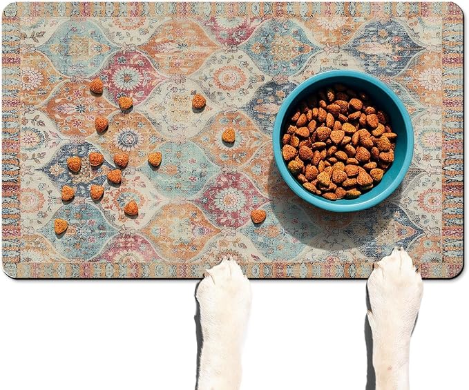 Moroccan Trellis Dog Food & Water Mat, Mexican Talavera Boho Colorful Pet Feeding Mat for Floor Non-Slip Waterproof, Super Absorbent Cat Bowl Mat, Easy to Clean Durable Pet Placemat,12" × 20"
