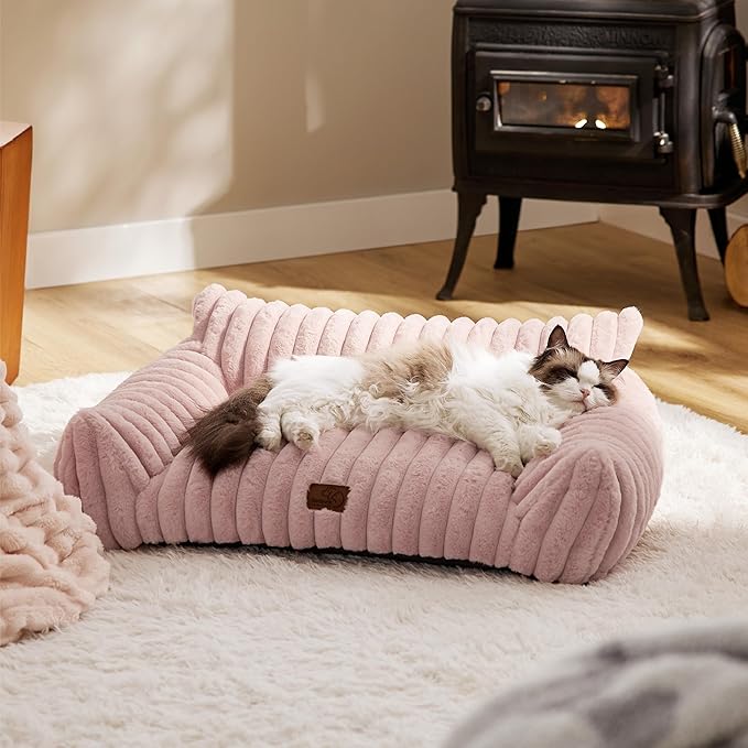 Bedsure ComfyFleece™ Cute Cat Couch for Pets - As Seen on TV on Good Day New York, Small Medium Dog Bed, Supportive Couch Bed for Small Dogs, 30 Inch, Blush Pink