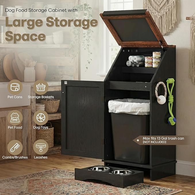 Flip-Top Dog Feeding Station, Dog Food Cabinet with Storage, Dog Food Station with Hidden Feeding Bowls, Pet Storage Cabinet, Dog Storage Organizer, Pet Food Holder, Black Oak Grain