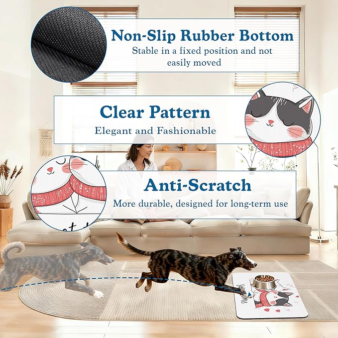 Sweet Cat Lovers Dog Cat Food Mat–Christmas Stocking Absorbent Waterproof Placemat for Food and Water Bowls, Non Slip Rubber Backing, Feeding Mat for Clean Floors 12"x20"