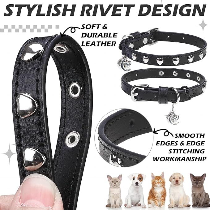 EXPAWLORER Leather Cat Collar for Girl Boy- Adjustable Pet Collar with Safety Elastic Belt,Personalized Heart Accessories Buckle Collars with Bell & Durable D-Ring,Heart (Black)