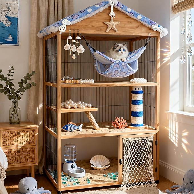 Cat Hammock for Cage, Soft Warm Hanging Bed for Kitten, Guinea Pig, Ferret, Rat, Chinchilla and Other Small Pets, Cozy Bunkbed 13.39"x13.39", Love Coffee Pattern