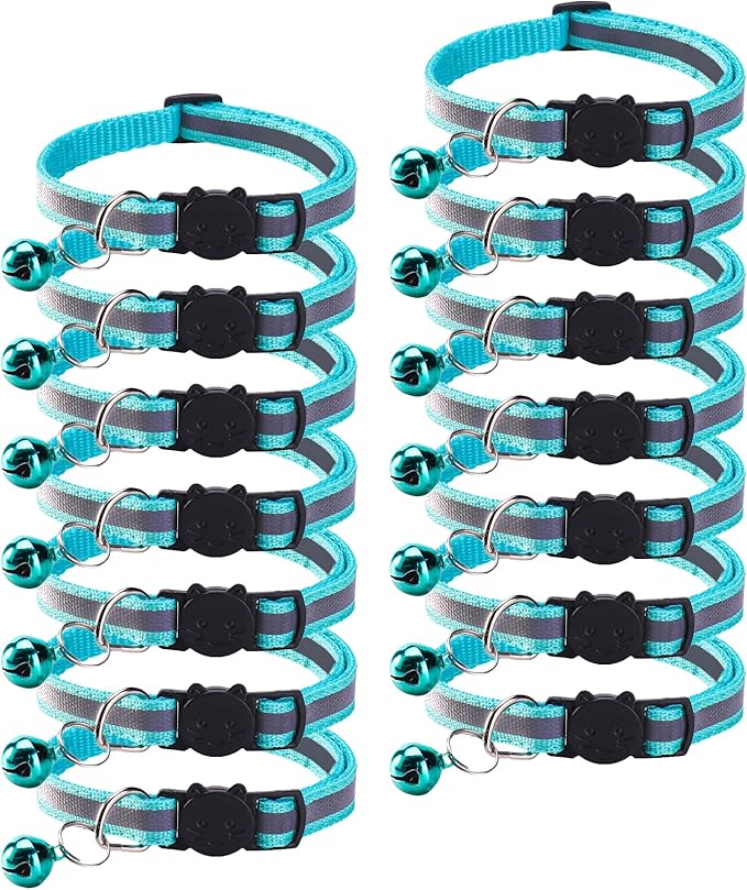 14 Pack Breakaway Cat Collar with Bell, Reflective Kitten Collar for Girl Boy Cats, Safety Buckle Adjustable 7.5-12.5 Inch, 0.4 Inch Width Lightweight, Pet Gifts (Turquoise Green)