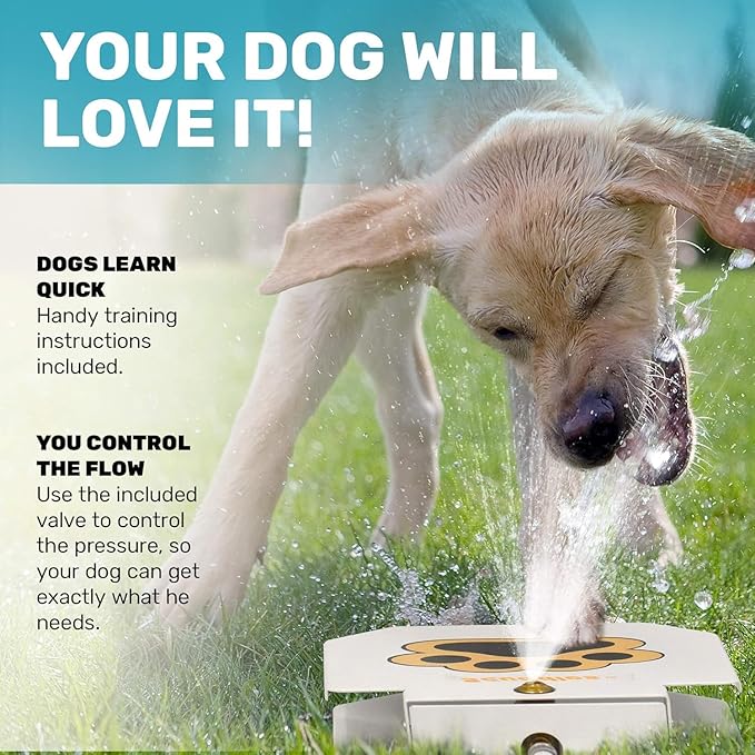 Scuddles Dog Sprinkler, Paw Activated Water Fountain, Outdoor Dog Water Sprinkler with Copper Valve, Easy Step-On Pedal, Perfect For Dogs to Stay Cool and Hydrated, Hose Attachment and Training Guide,