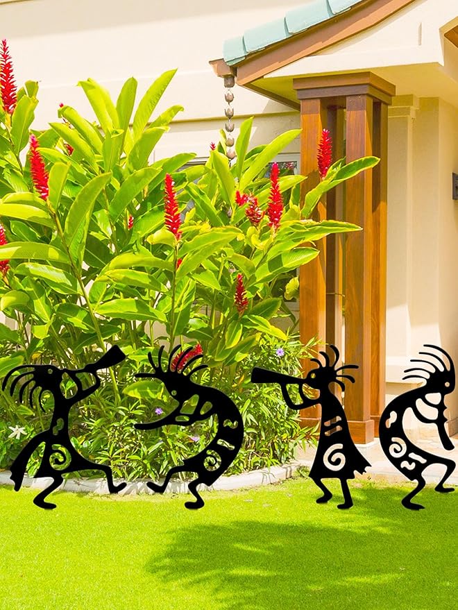 4 Piece Kokopelli Metal Garden Stakes - Native American-Inspired Southwestern Yard Art, Rustic Outdoor Decor for Lawn, Patio, Garden Pathway; Fade-Resistant Ornaments for Thanksgiving Day