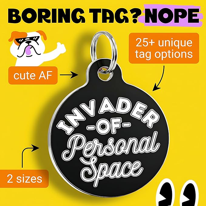 Bad Tags Personalized Dog and Cat ID Tags in 25+ Designs and 2 Sizes - 5 Lines of Custom Engraved Text - Funny Cute Personalized Pet Tags (Invader of Personal Space - Black, Small (1 inch))