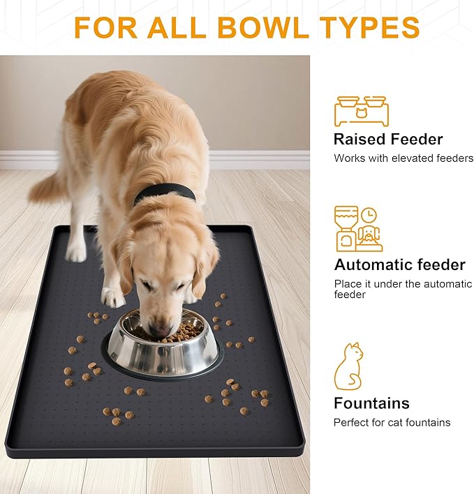 Mofason Pet Food Mat Waterproof Dog Mat 24”x16” Large – 0.5” inch Raised Edge,Cat Silicone Feeding Placemat Water Bowl Tray for Floors, Nonslip Washable Dog Mat for Food and Water