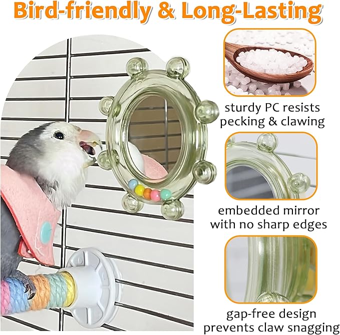 2Pcs Innovation Bird Toy with Hd Mirror, Spinner Rattle Parakeet Toy with Rustling Beads, Safely Embedded No Sharp Edges Bird Mirror for Cage, Flexibly Mounted Rotating Budgie Enrichment Fits Any Cage