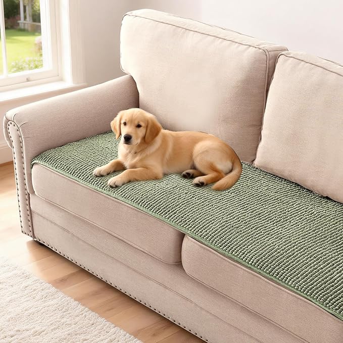 H.VERSAILTEX Plush Chenille Couch Cover for 3 Cushion Couch Anti Slip Washable Sofa Slipcovers Soft and Durable Furniture Protector for Dogs Cats Kids (27.5" x 59", Sage)