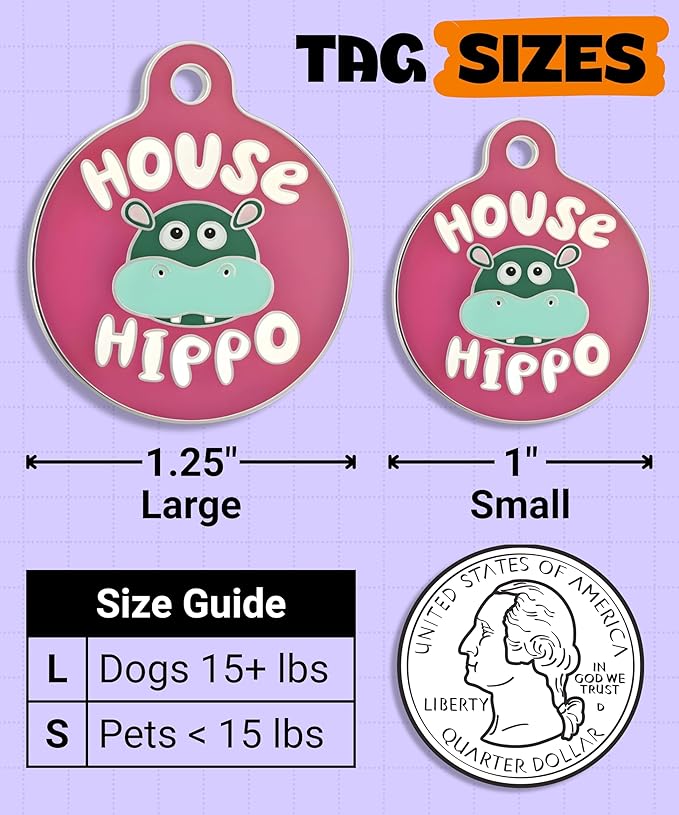 Bad Tags Personalized Dog and Cat ID Tags in 25+ Designs and 2 Sizes - 5 Lines of Custom Engraved Text - Funny Cute Personalized Pet Tags (House Hippo - Pink, Small (1 inch))