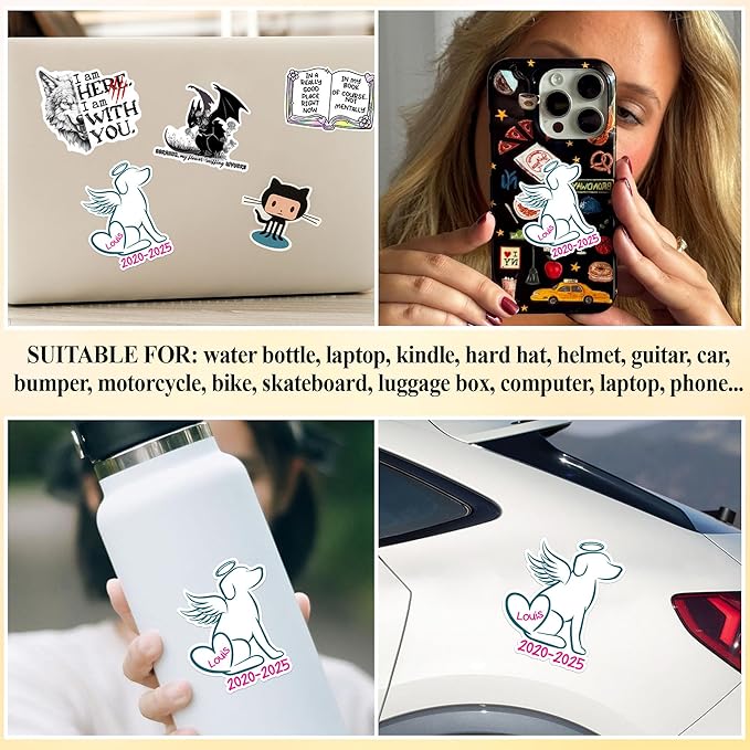 Custom Pet Memorial Heart Name Sticker Personalized Text Loss of Dog Decal Waterproof Die Cut Vinyl & Transparent DTF Decal for Laptop Helmet Car Cup Phone Tablet for Male Female