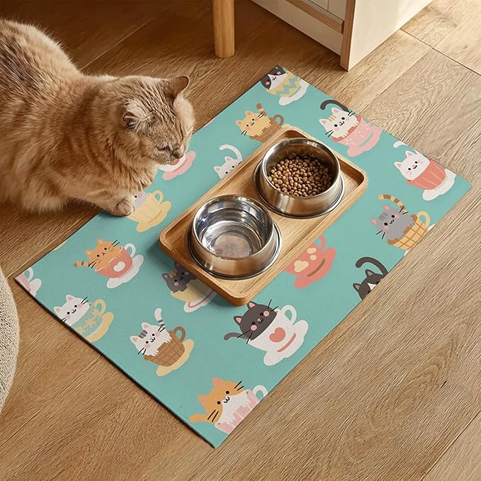 Cat Feedings Mats 20x12 inch Teacup Cat Print Pet Bowl Placemat Non Slip Mat for Cats Food and Water Indoor Kitty Feeding Station Cute Cats Meal Mat for Small Pets Kitchen Floor Use