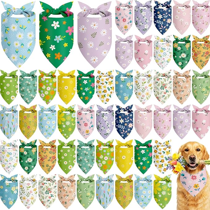 Abbylike 50 Pieces Spring Dog Bandanas Bulk Flower Daisy Sunflower Dog Bandanas for Pets Triangle Kerchief Scarf Bibs for Spring Pets Dogs Party Costume Accessories, 25 Styles (25.6 x 17.7 x 17.7)