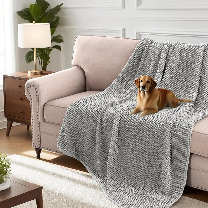 H.VERSAILTEX Plush Chenille Couch Cover for Dogs Pets Blanket for Bed Anti-Slip Soft and Durable Furniture Protector for Small Medium Large Cats Washable (52" x 82", Dove)