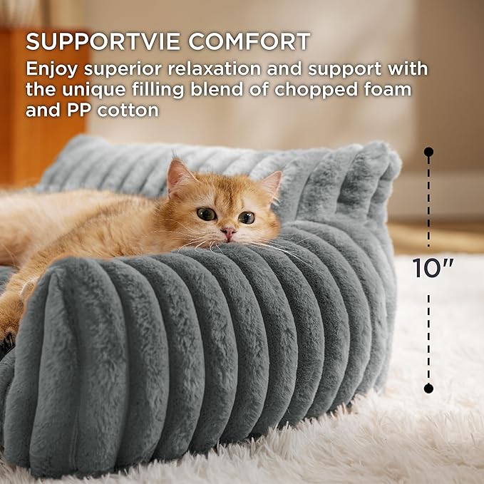 Bedsure ComfyFleece Cat Couch for Pets - Fluffy Cat Sofa with Premium Soft Corduroy Fleece, Fuzzy Pet Couch Bed with Removable Washable Cover, Supportive Pet Chair for Indoor Cats, 24inch, Warm Grey