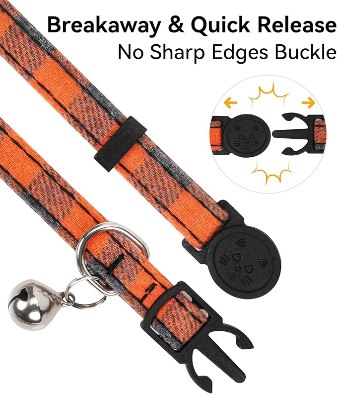 Joytale Upgraded Cat Collar with Bells, Breakaway Cat Collars with Bow Tie, 1 Pack Girl Boy Safety Plaid Kitten Collars, Orange
