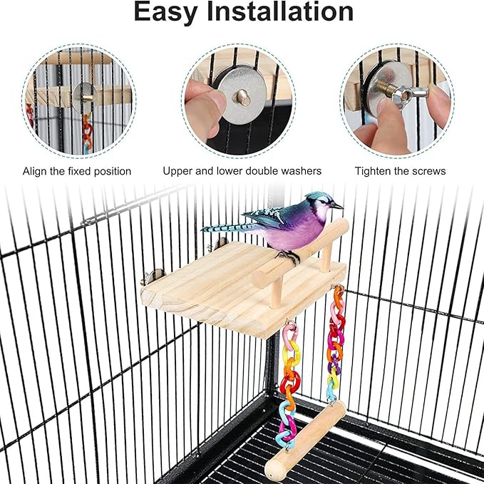 Natural Wood Bird Perch Platform with Colorful Chain Swing Toy, Parrot Hanging Stand Perch for Cockatiels Parakeets Lovebirds Budgies Conures, Cage Accessories Chewing Grinding Exercise Play Gym.