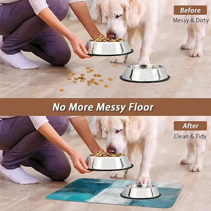 Turquoise Grey Dog Cat Food Mat,Teal Modern Art Absorbent Pet Feeding Mat for Food and Water,Non-Slip Dog Bowl Mats Floor Protector 16"x24"
