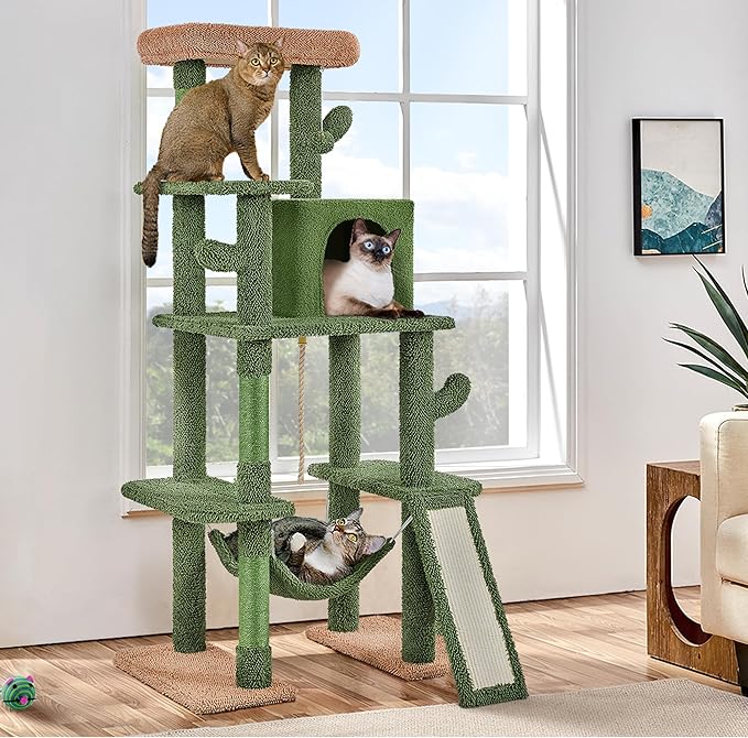 Yaheetech 63in Cactus Cat Tree, Multi-Level Tall Climbing Tower with Sisal-Covered Scratching Posts & Condo & Hammock, Pet Furniture Activity Center for Kitten