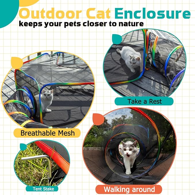 LUCKITTY Portable Cat Enclosure - 2-in-1 Outdoor Catio with Tent & Tunnel, Foldable Playpen for Indoor Cats, Includes Storage Bag for Cats & Small Animals Rainbow Color
