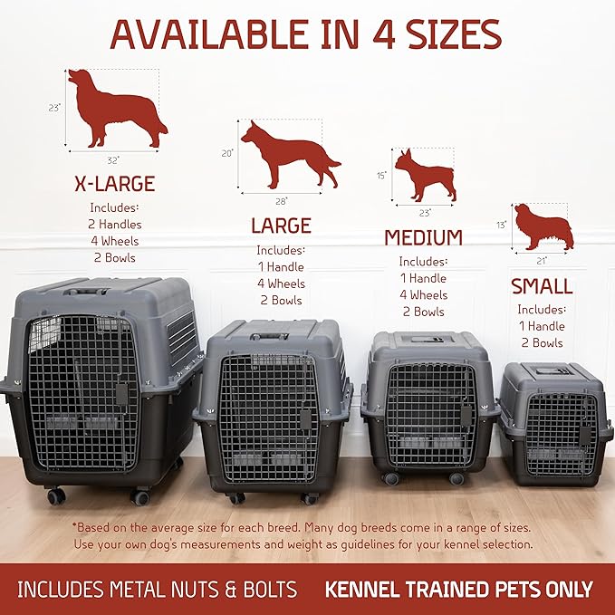SportPet Airline Compliant X-LARGE 32.25" Travel Dog Kennel-Durable Plastic Airline Pet Carrier w/Removable Wheels & Food Bowls, Collapsible Indoor/Outdoor Dog Kennel, Dogs up to 32"L & 23"H-Dark Gray