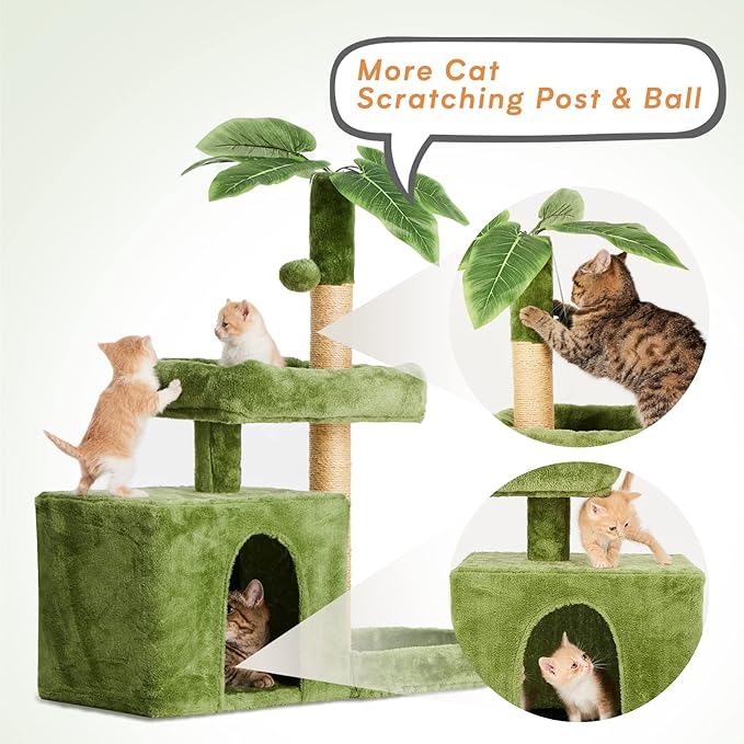 31.5in Multi-Level Cat Tower with Sisal Scratching Posts, Hidden Cave & Perch Platform, Large Cat Condo for 1-3 Cats, Eco-Friendly Pet Furniture with Realistic Leaves, Green