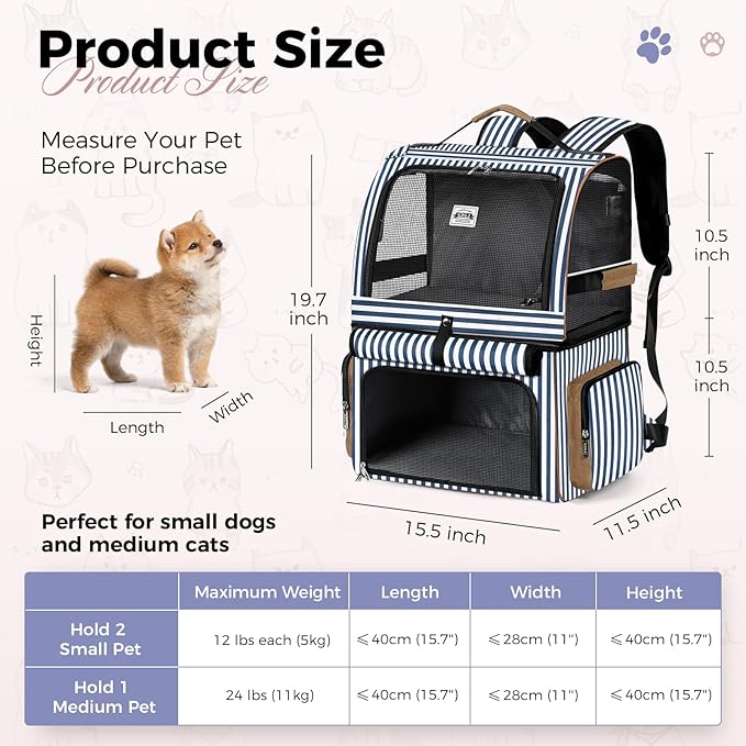 Lekebobor Double Cat Backpack Carrier for 2 Cats, Double-Compartment Pet Carrier Backpack for 2 Small Cat or One Medium Cat, Cats Carrier Backpack Dog Carrier Backpack Fits Up to 24 Lbs,Blue Striped