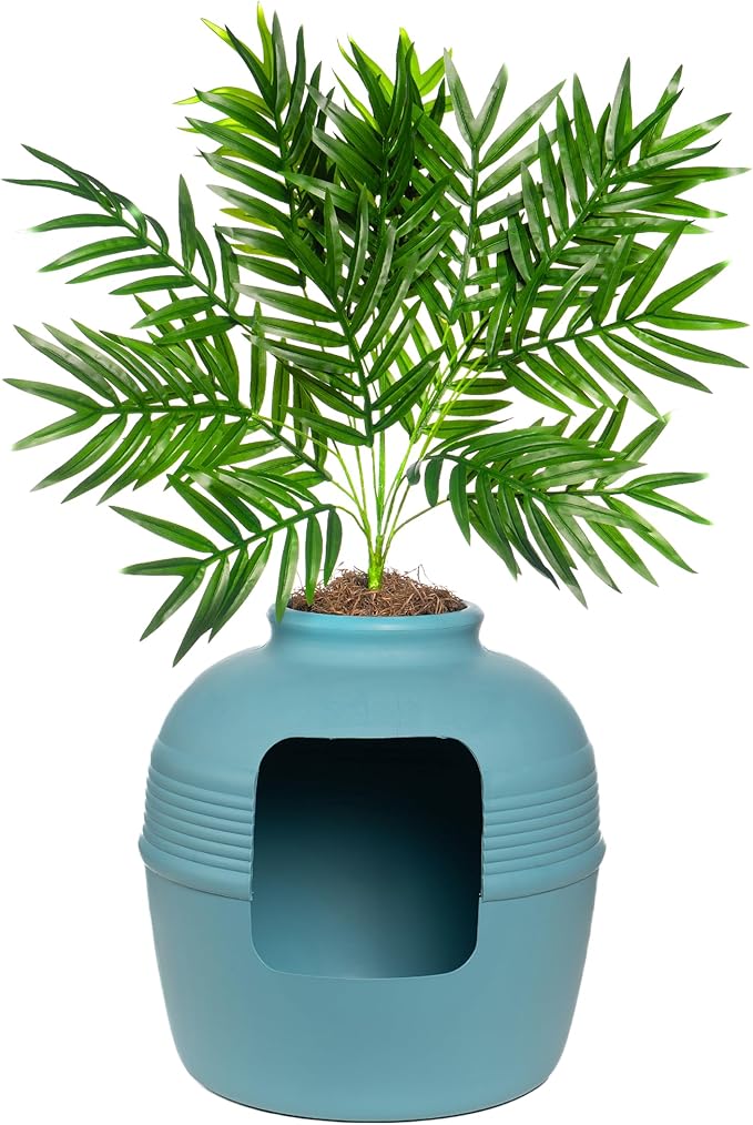 Good Pet Stuff Hidden Litter Box Planter, Decorative Cat Litter Enclosure with Carbon Filter, Artificial Plant, Easy Clean, Indoor Design, Original Round Style, Base Kit, Caribbean Blue
