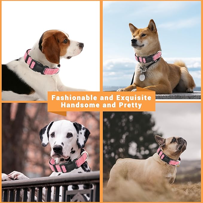 2 Pack Reflective Dog Collar with Safety Locking Buckle, Adjustable Soft Breathable Comfortable Nylon Pet Collar for Small, Medium and Large Dogs, Pink, S