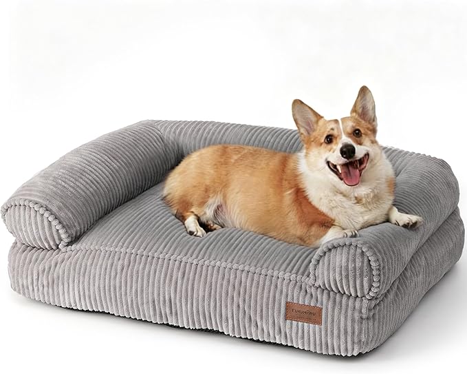 FUKUMARU Cute Dog Bed, Waterproof Corduroy Dogs Couch, 36in Orthopedic Pet Sofa for Medium to Large Dogs Dog, Warm Cotton Pet Bed with Washable Cover, Grey