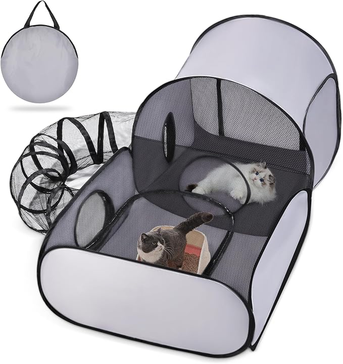 Pet Playpen with Surround Tunnel, Outdoor/Indoor Cat Playpen with Breathable Soft Sides，Tailtastic Cat Enclosure Tent for Small Animals, Portable Tent with Carry Bag (Medium)