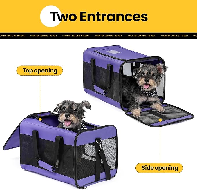 Dog Carrier Soft Sided, Large Cat Carrier with Inner Safety Leash, Pet Transport Carrier for Large Cats and Medium Dogs up to 20 Lbs, Collapsible Travel Puppy Carrier Bag -Purple L