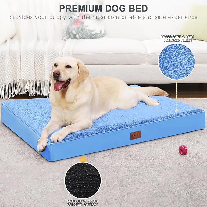 MIHIKK Waterproof Dog Bed Medium Size Dog Orthopedic Pet Beds for Crate with Removable Washable Cover Egg-Crate Foam Pet Pad Mat with Anti-Slip Bottom, 35x22 Inch, Blue