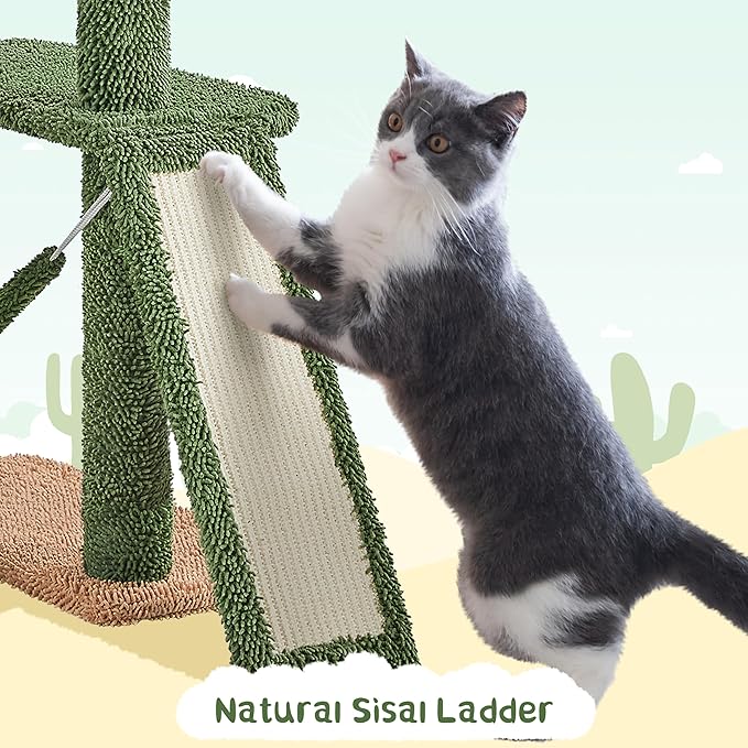 Yaheetech 63in Cactus Cat Tree, Multi-Level Tall Climbing Tower with Sisal-Covered Scratching Posts & Condo & Hammock, Pet Furniture Activity Center for Kitten