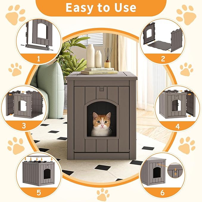 Cat Litter Box Enclosure, Multi-Functional Hidden Litter Box Furniture & Indoor Outdoor Cat House with Side Table Design, Openable Front Door & Raised Floor, Easy to Clean & Assemble, Grey