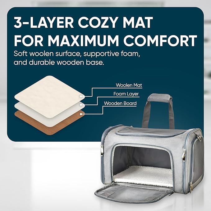 Pet Travel Carrier Bag – Airline Approved Soft-Sided Dog & Cat Carrier, Foldable, Breathable Mesh, Washable Pad – Fits Pets up to 15 lbs – The Pup Quartet (Grey)