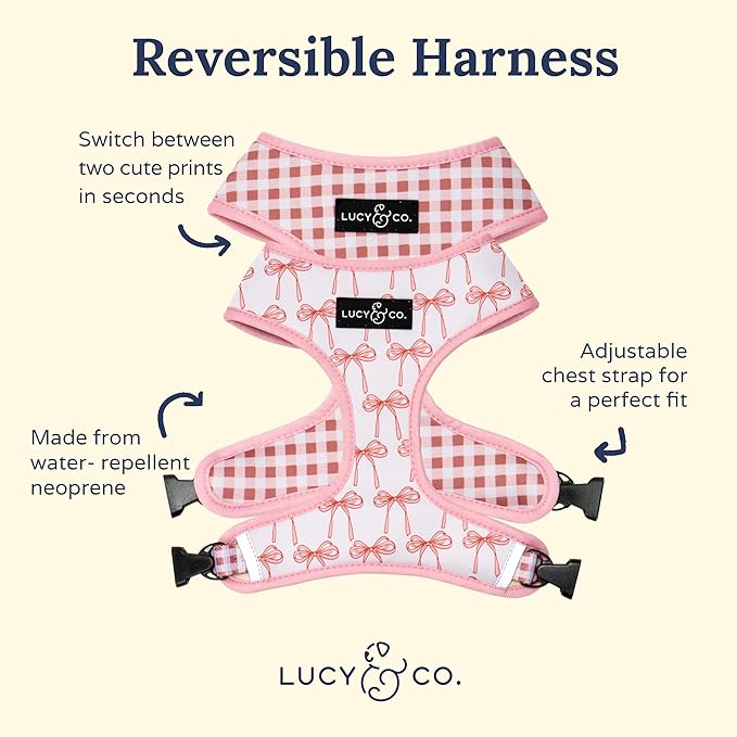 Lucy & Co. Cute Reversible Dog Harness Walking Halter - Best Designer Pet Harnesses for XS - XL Dogs - Padded Adjustable Vest for Easy Walking (Large, Ballet Bows - White & Pink Bows)