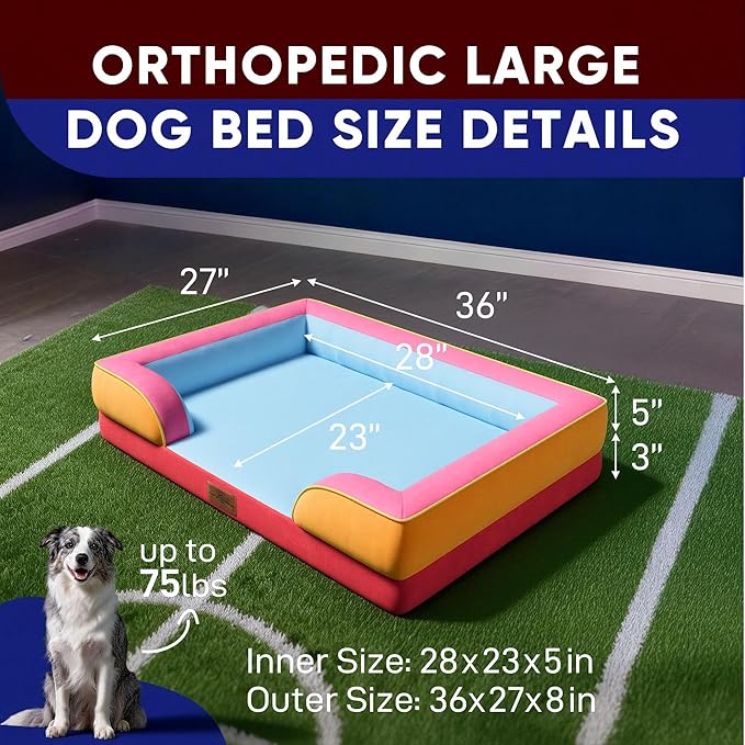 Comfort Expression Orthopedic Dog Bed for Large Dogs 36x27 Inch, Waterproof Egg Crate Foam Large Pet Bed with Removable Bolsters, Dog Couch with Washable Cover & Non-Slip Bottom, Miami