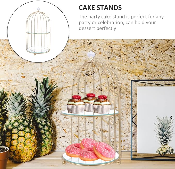 DOITOOL Gold Metal Cupcake Stand Bird Cage Dessert Stand, 2 Tier Dessert Display Stand Cake Holder for Wedding, Party, Birthday, Baby Shower Celebrations, Table Decorations