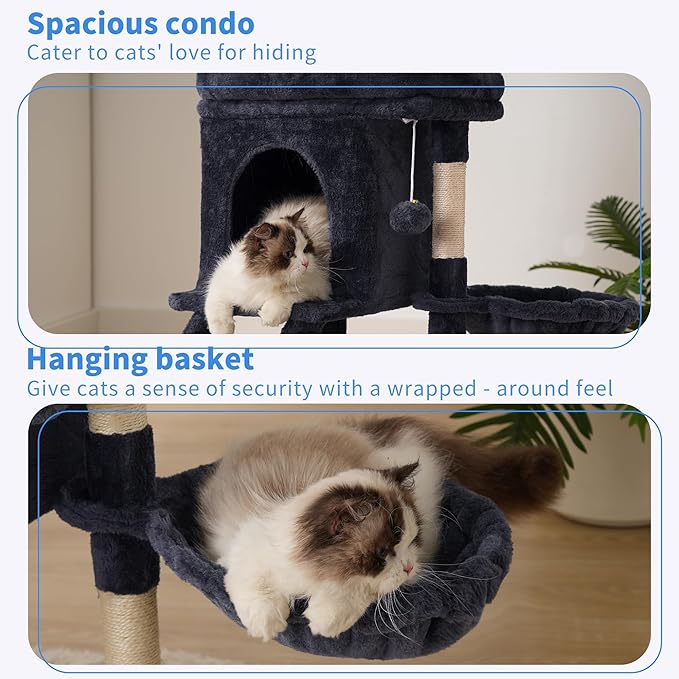 Heybly Cat Tree Tower, Cat condo for Indoor Kittens, Cat House with Wide Plush Top Perch, Ladder, Basket, Sisal-Covered Scratching Posts, Cozy Activity Center for pet, Smoky Gray HCT009SG