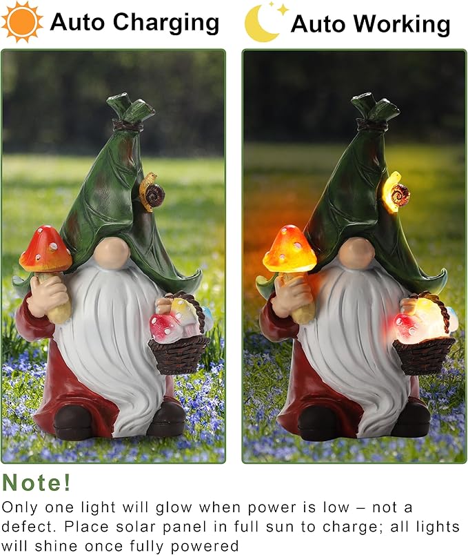 Gnome Solar Garden Statue with 3 LED Lights, Mushroom-Picking Gnome Statue Outdoor Decor for Patio, Yard, Balcony, Lawn Ornament, Unique Gift for Mom, Grandma Christmas, Valentines Day Decorations
