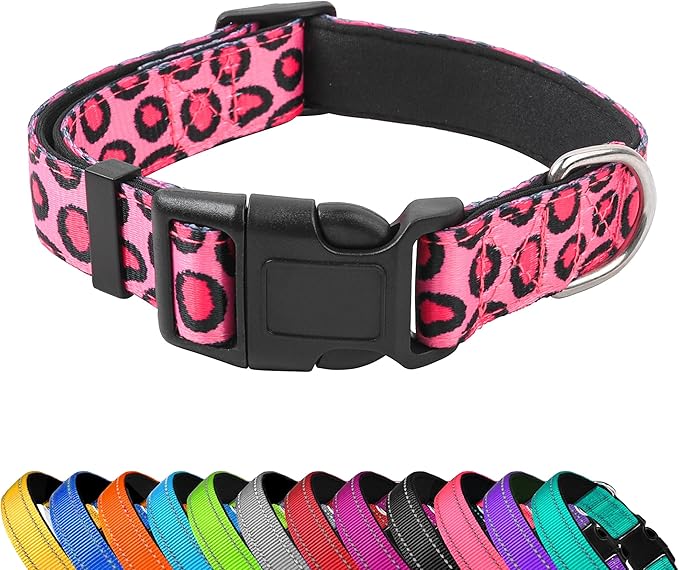 Reflective Dog Collar, Adjustable Soft Neoprene Padded Nylon Pet Collars with Buckle for Puppy and Small Dogs, Cats, Leopard Pink,L