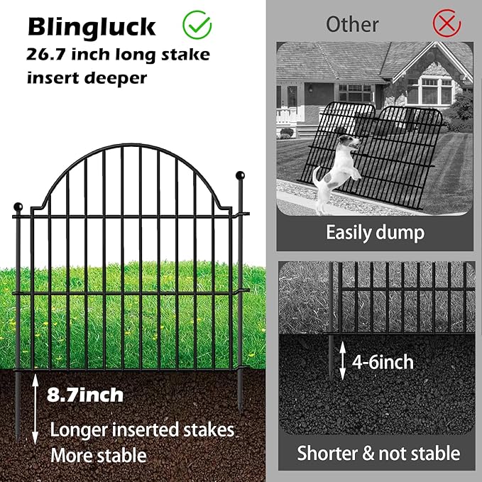 10 Panels No Dig Decorative Outdoor Garden Fence, 24in (H) x20ft (L) Animal Barrier Fencing for Dog, Arched Flower Bed Edging, Rustproof Metal Wire Panel Border with Temporary Ground Stakes