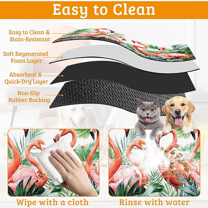 Pink Flamingo Dog Food Mat,Plam Leaves Absorbent Pet Feeding Mat for Food and Water Bowl,Quick Dry Dog Placemat Non Slip Rubber Backing Waterproof Pet Supplies 12" x 20"