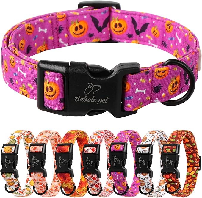 Halloween Dog Collar, Cute Pumpkin Bat Pattern Halloween Purple Puppy Collar, Soft Adjustable Cotton Dog Collars for Small Medium Large Boy&Girl Dogs XS